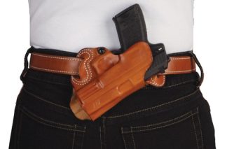 DESANTIS SMALL OF BACK HOLSTER - RH OWB LEATHER COLT 1911 TAN