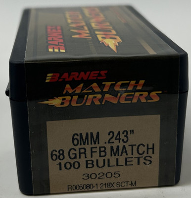Barnes 6mm (.243 Dia) Reloading Bullets Match Burner B30205 68 Grain Flat Base Hollow Point 100 Pieces