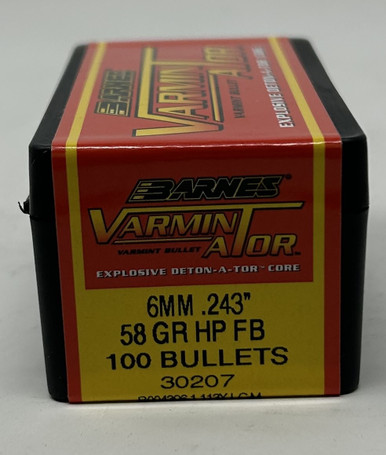 Barnes 6mm (.243 Dia) Reloading Bullets Varmin-A-Tor B30207 58 Grain Flat Base Hollow Point 100 Pieces