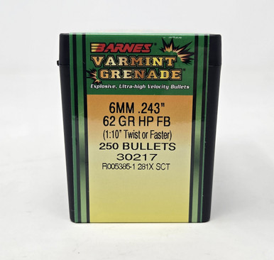 Barnes 6mm (.243 Dia) Reloading Bullets Varmint Grenade Copper B30217 62 Grain Frangible Hollow Point 250 Pieces