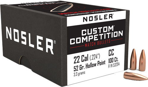NOSLER BULLETS 22 CAL .224 - 52GR HP-BT CUSTOM COMP. 100CT