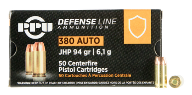 Prvi PPU 380 Auto Ammunition Defense PPD380A 94 Grain Jacketed Hollow Point 50 rounds