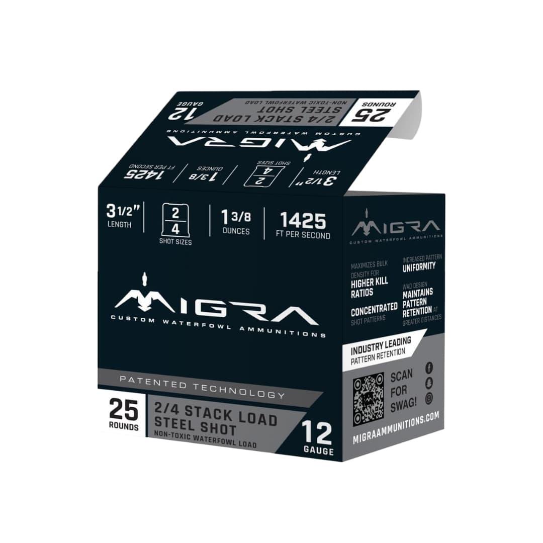 Migra Steel Waterfowl Stacked Shotshells 12ga 3.5" 1-3/8oz 1425 fps #2 & #4 25/ct