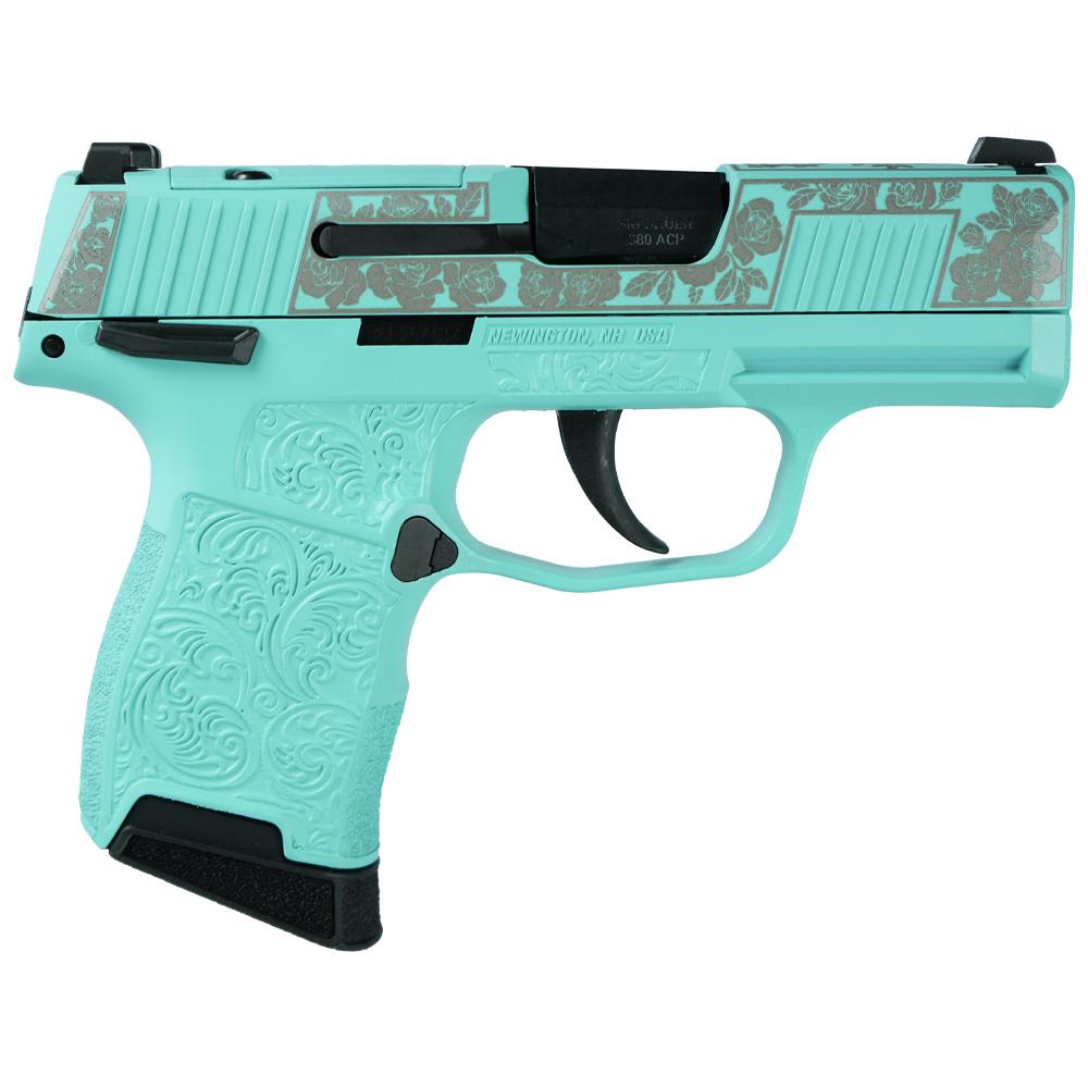 Sig Sauer Exclusive "Robin's Egg Blue and Roses" P365-380 Handgun 380 Auto 10rd Magazine 3.1" Barrel Black Manual Safety