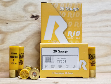 Rio 20 Gauge Ammunition TT208 2-3/4" 8 Shot 7/8oz 1250fps Case of 250 Rounds