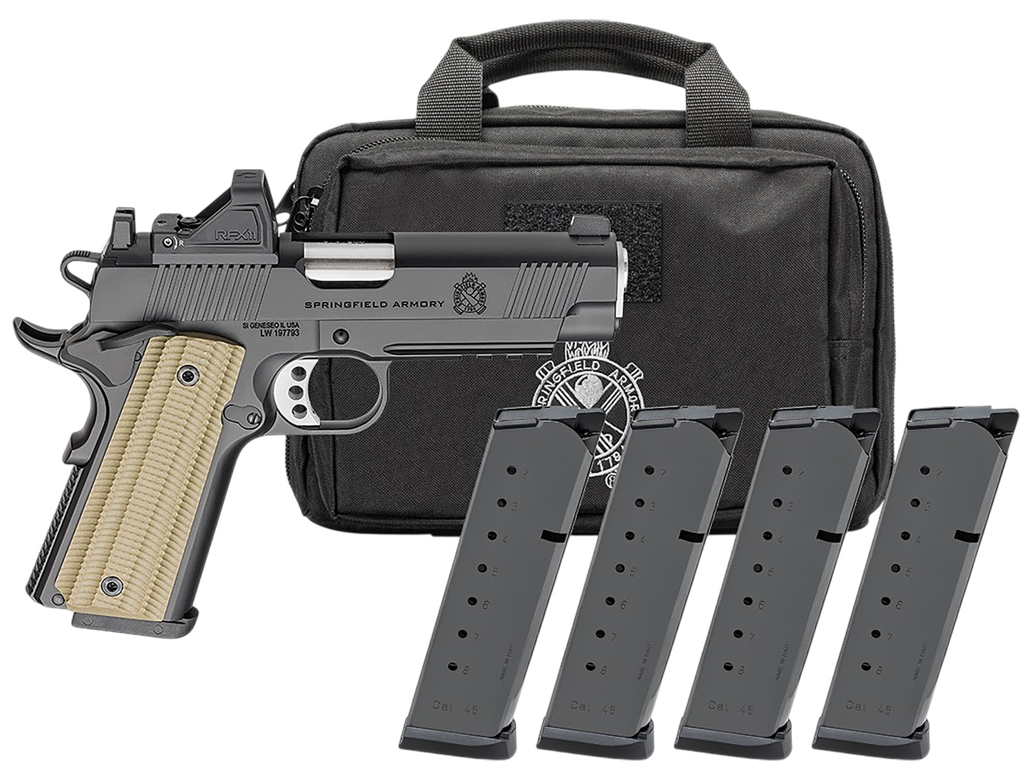 SPRINGFIELD ARMORY 1911 OPERATOR 4.25" 45ACP PSTL BLK AOS U NOTCH W/ TRITM, VIRIDIAN RFX11,BAG,4 MAG