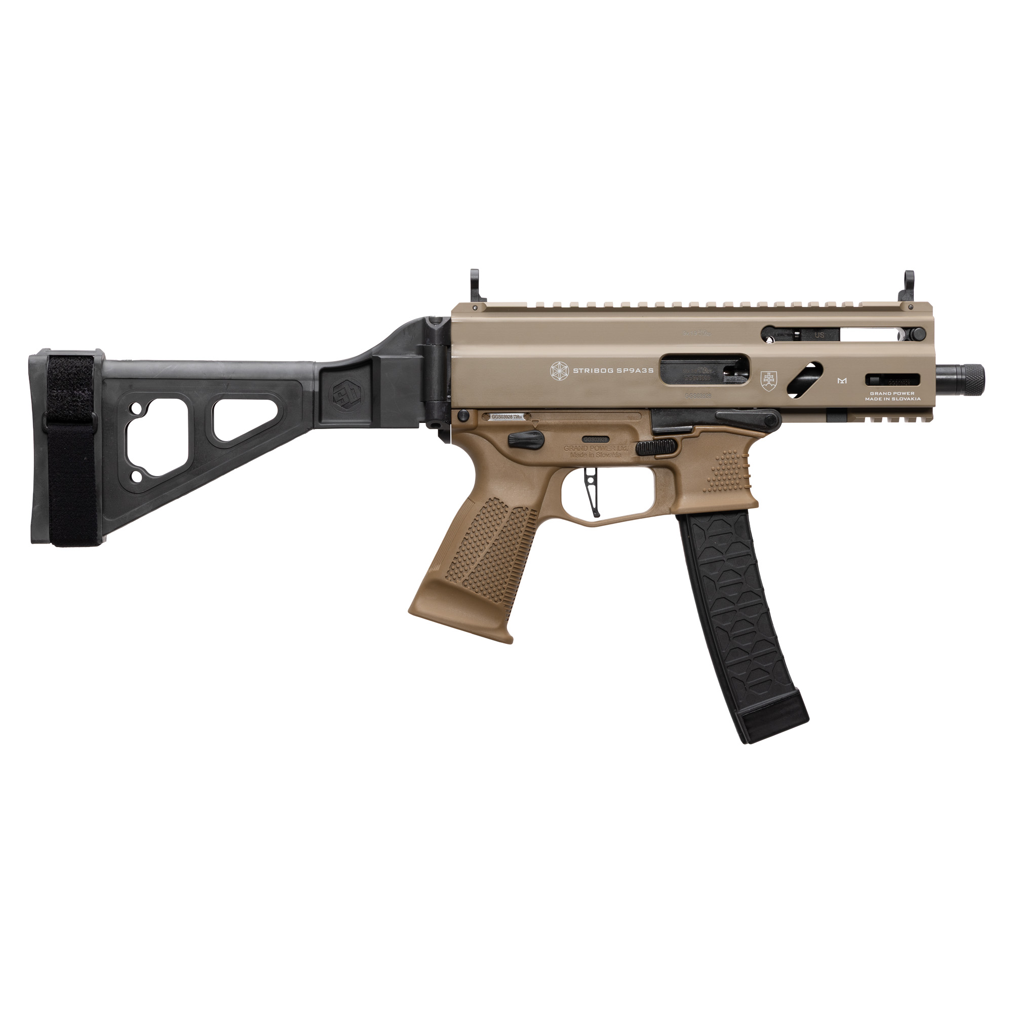 GRAND POWER STRIBOG SP9A3S 9MM PISTOL 4" BARREL THREADED RLR DELAYED STRIBOG MAG W/ BRACE FDE