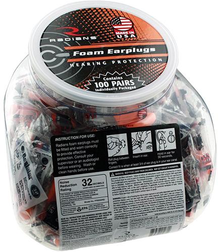 Radians 100 pairs of Uncorded Foam Earplugs/ct in a Jar