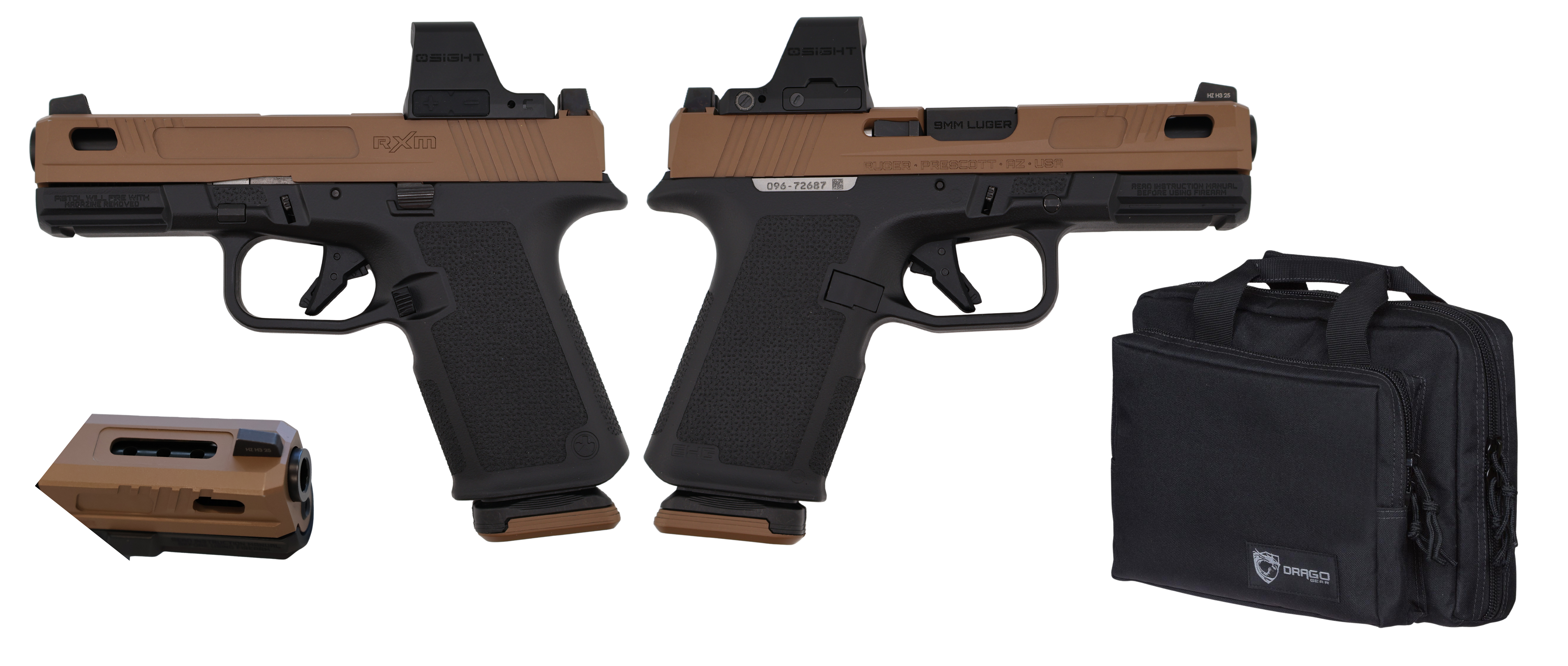 RUGER RXM 9MM PISTOL 4" TACPAC BLACK/TAN, OSIGHT OPTIC, DRAGO BAG, 2-15RD MAGS