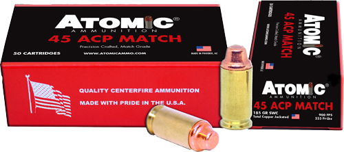 ATOMIC 45 ACP MATCH 185GR LEAD - SWC COPPER PLATED 50RD 10BX/CS