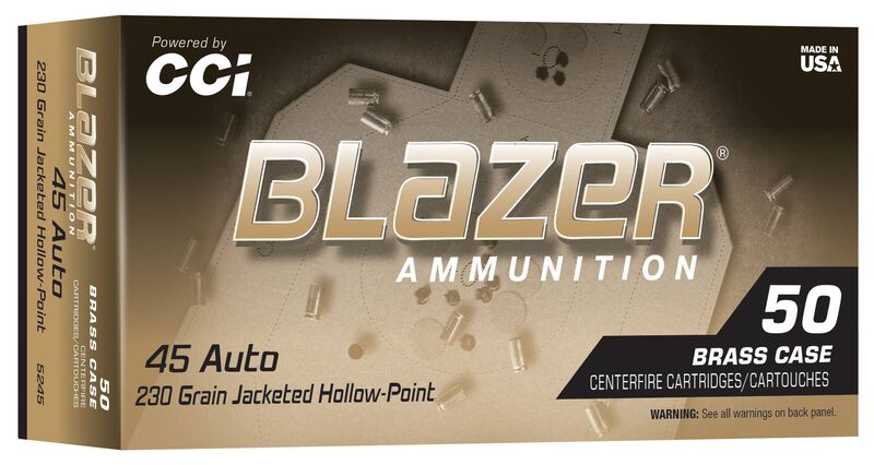 CCI 45 AUTO 230 GR BLAZER BRASS JHP 50 RD/BX 10 BX/CS